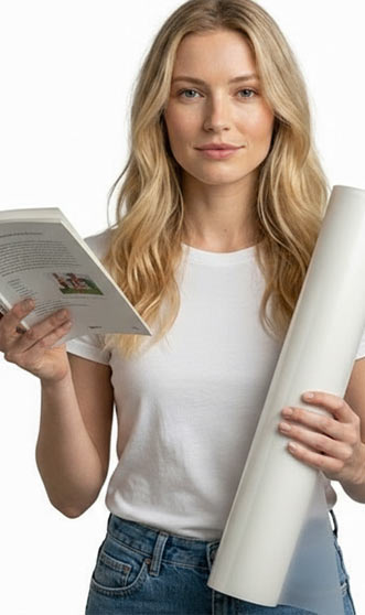 Anja mit Buch und Biuchschutzfolie